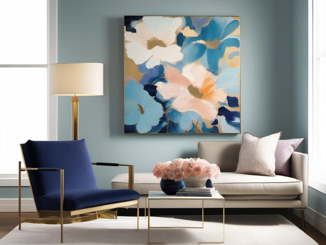 
Place the "Tranquil Serenity - A" painting within a area(only floor lamp and chair), adjusting its scale while maintaining its proportions. This artwork, alive with azure, navy, and sky blue, touched by peach, lavender, and ivory, brings an abstract vision of a blooming garden. Frame it in gold to accentuate its timeless elegance. Set this canvas in a minimalist, well-lit living space that exemplifies a modern and simplistic ambiance, allowing the painting to infuse the area with its calm and creative spirit.