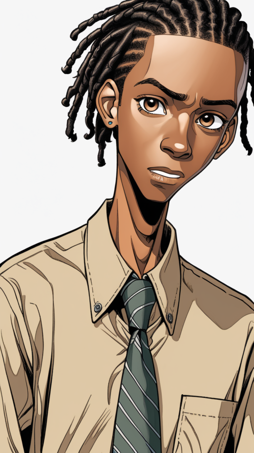 
comic-style 16-year-old black Jamaican teen boy who is tall, and thin with short dreadlocks wearing a khaki-colored button-up shirt with a tie close-up of his face. make background plain
