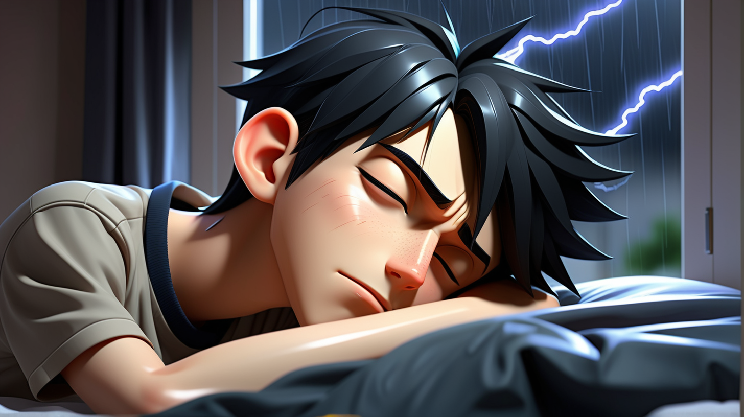 handsome anime young boy, sleeping in the bedroom, black hair, modern clothes, feeling happy, background of rain and lightning, simple full color, high quality, lively eyes, dark, gloomy, dark color, natural eyes, hd, hyper realistic,