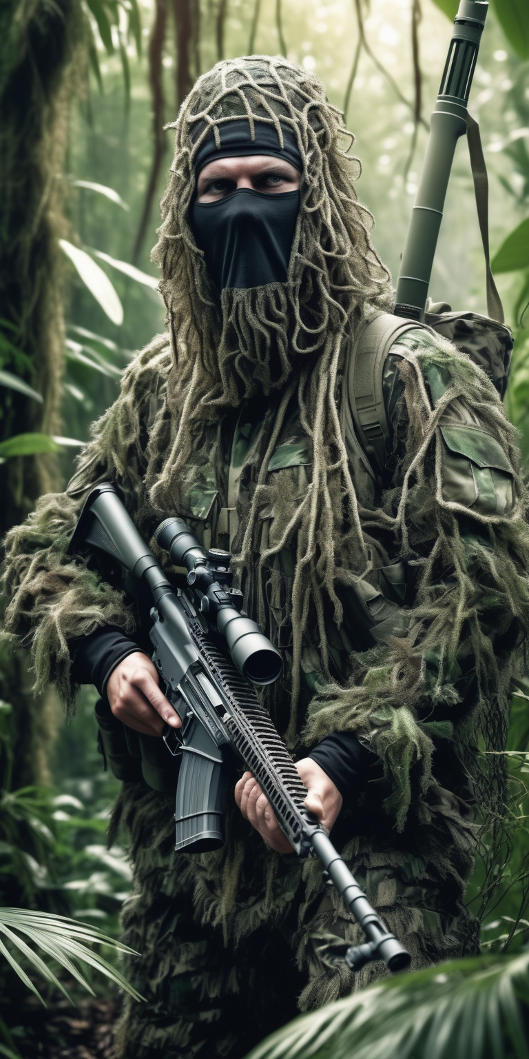 realistic man in a big ghillie suit and