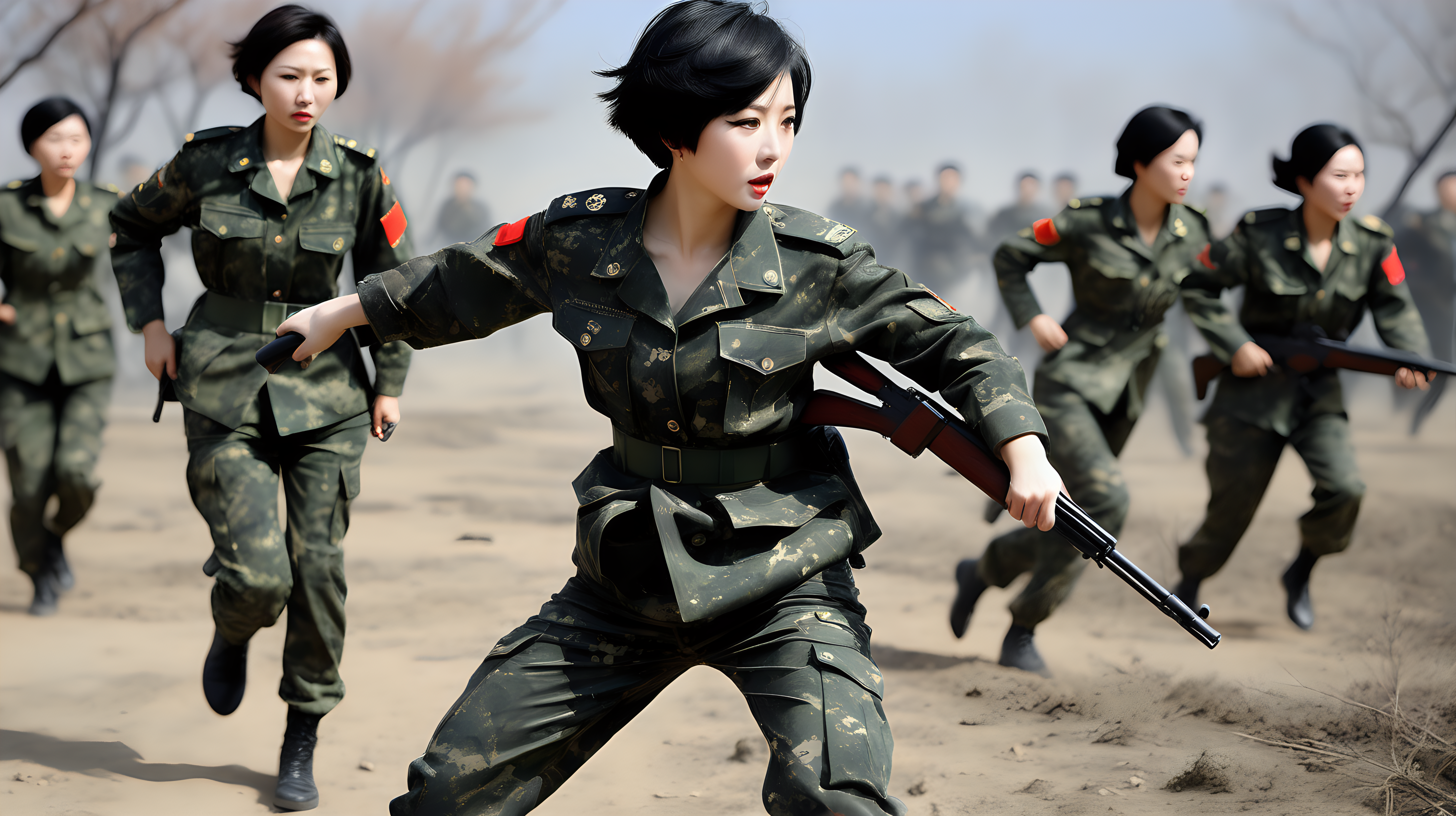Chinese female soldiersShort hairBlack hairCamouflage tight pantsDragging injured