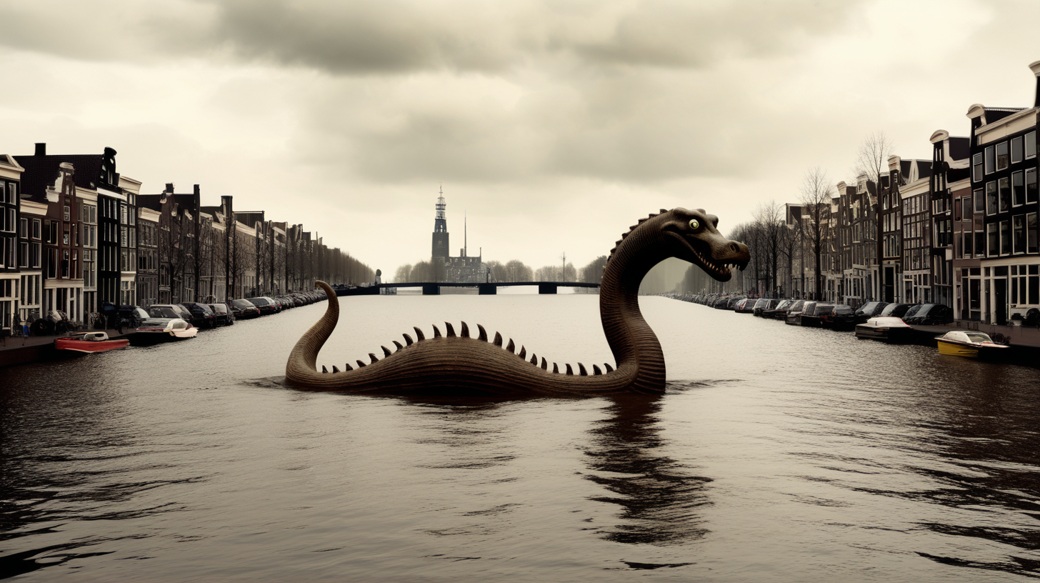 Loch Ness monster destroying Amsterdam