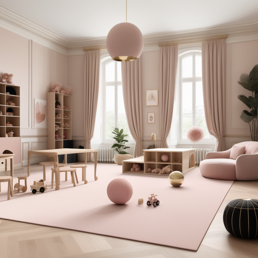 A hyperrealistic image of a palatial modern Parisian Montessori-inspired play room in a beige oak brass colour palette with accents of black and dusty rose
