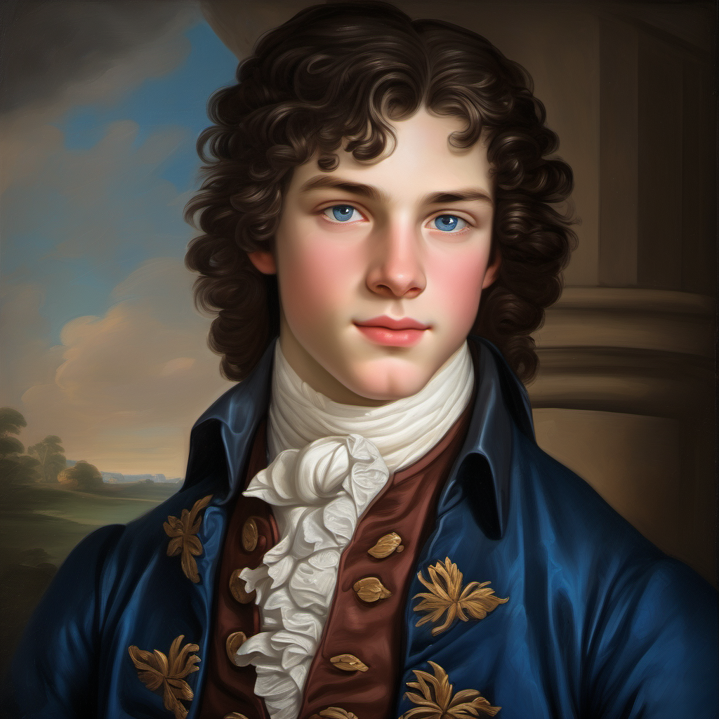 18th century handsome teenager dark brown hair deep blue eyes 