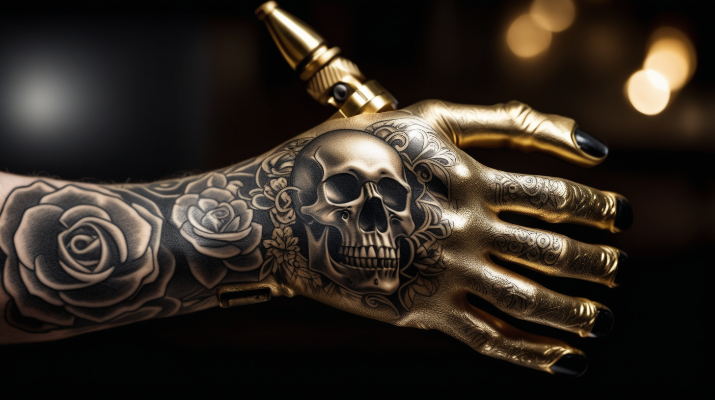 /imagine prompt : An ultra-realistic photograph captured with a canon 5d mark III camera, equipped with an macro lens at F 5.8 aperture setting, capturing a vintage tattoo machine ,The pattern of the skull is engraved on it's golden grip , placed in the hand wearing black nitrile gloves.
the hand is blurred and the focus sets on tattoogun's grip.
Soft spot light gracefully illuminates the subject and golden grip is shining. The background is absolutely black , highlighting the subject.
The image, shot in high resolution and a 16:9 aspect ratio, captures the subject’s  with stunning realism –ar 16:9 –v 5.2 –style raw
