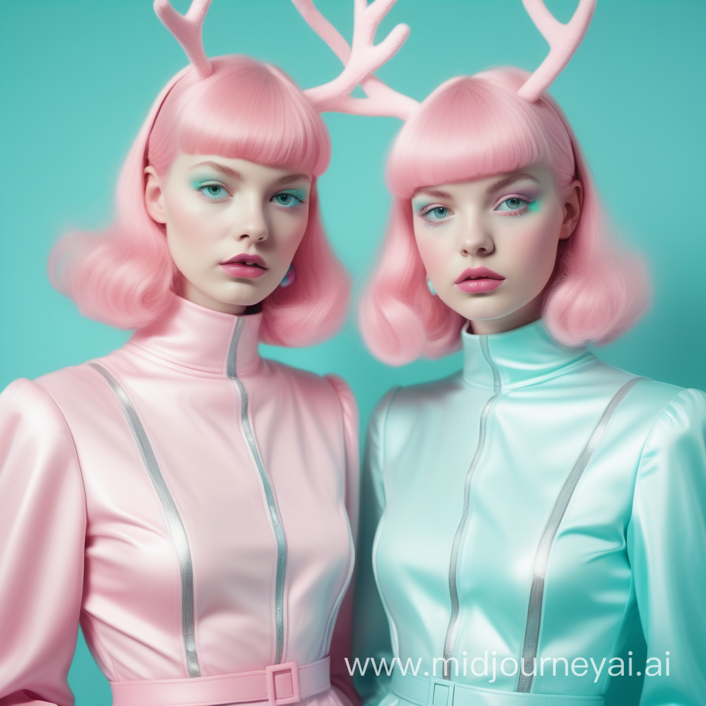 Ethereal editorial retro future twin women at a Christmas party, pastel colours beautiful innocent woman, pink, aqua, 
