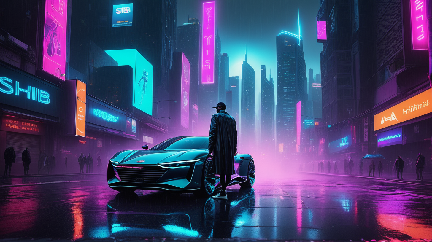 "A hyper-realistic photograph set in a cyberpunk future where a sharply-dressed man stands out against a backdrop of neon and chrome. He's just stepped out of a cutting-edge luxury car that wouldn't look out of place in a sci-fi epic, the license plate emblazoned with 'SHIB' in glowing letters, casting a neon reflection on the slick, rain-misted streets. The city around him is alive with the pulse of advanced technology: skyscrapers tower overhead, their surfaces alive with moving holographic ads for 'SHIB' and 'SHIBARIUM', and LED lights line the streets, giving the wet asphalt an otherworldly glow. The air is thick with the buzz of drone traffic against a synthetic sky, and pedestrians with augmented reality visors move through the digital haze. The camera, a Nikon D850 equipped with an AF-S NIKKOR 24-70mm f/2.8E ED VR lens at f/4, captures the scene in exquisite detail, highlighting the contrast between the man's classic style and the futuristic world he inhabits --ar 16:9 --v 5 --q 2 --stylize 100."