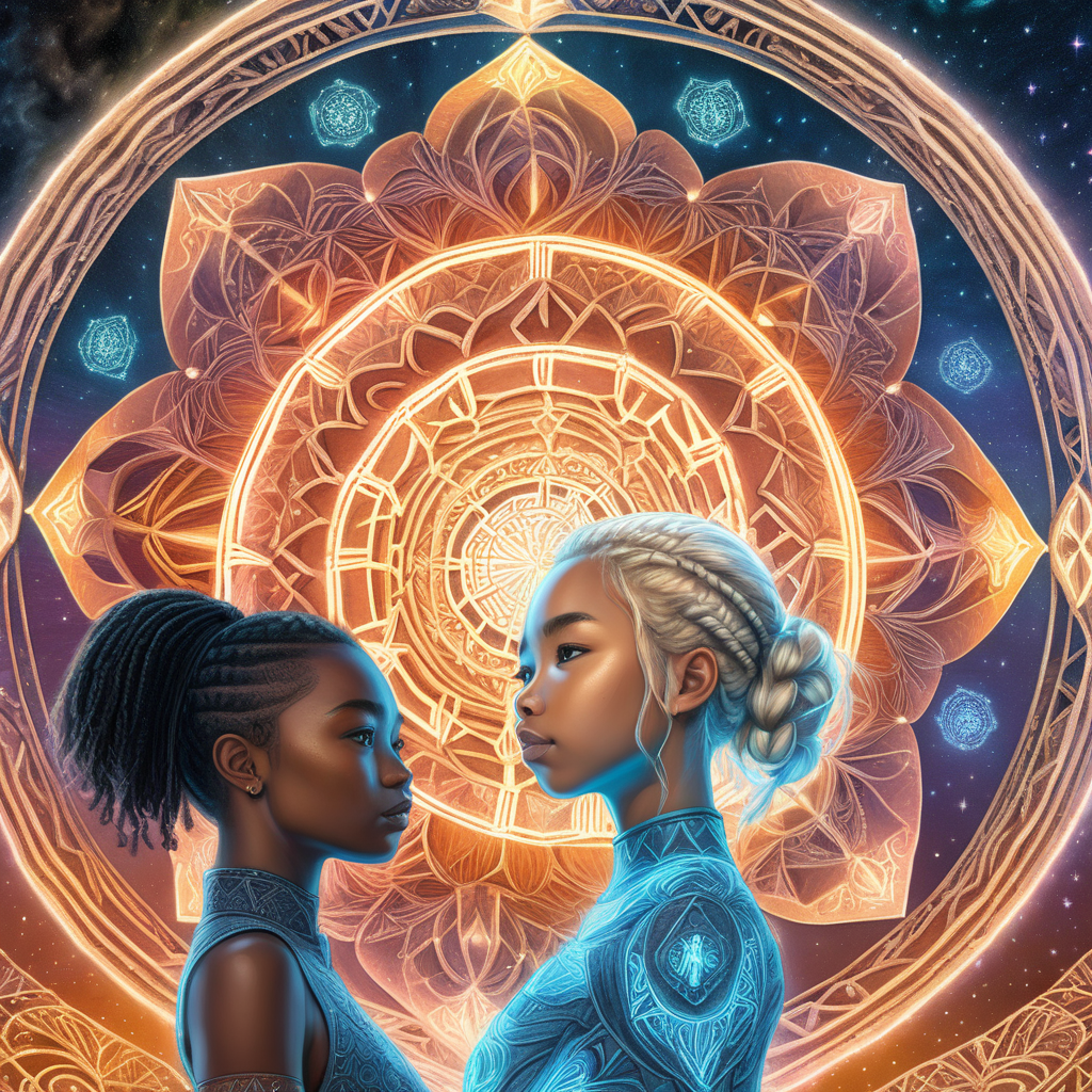 book cover design for a sci-fi story about love between a young black woman, a young white woman with blonde hair, and one young Asian woman, in the middle of a mandala made of glowing threads of fate