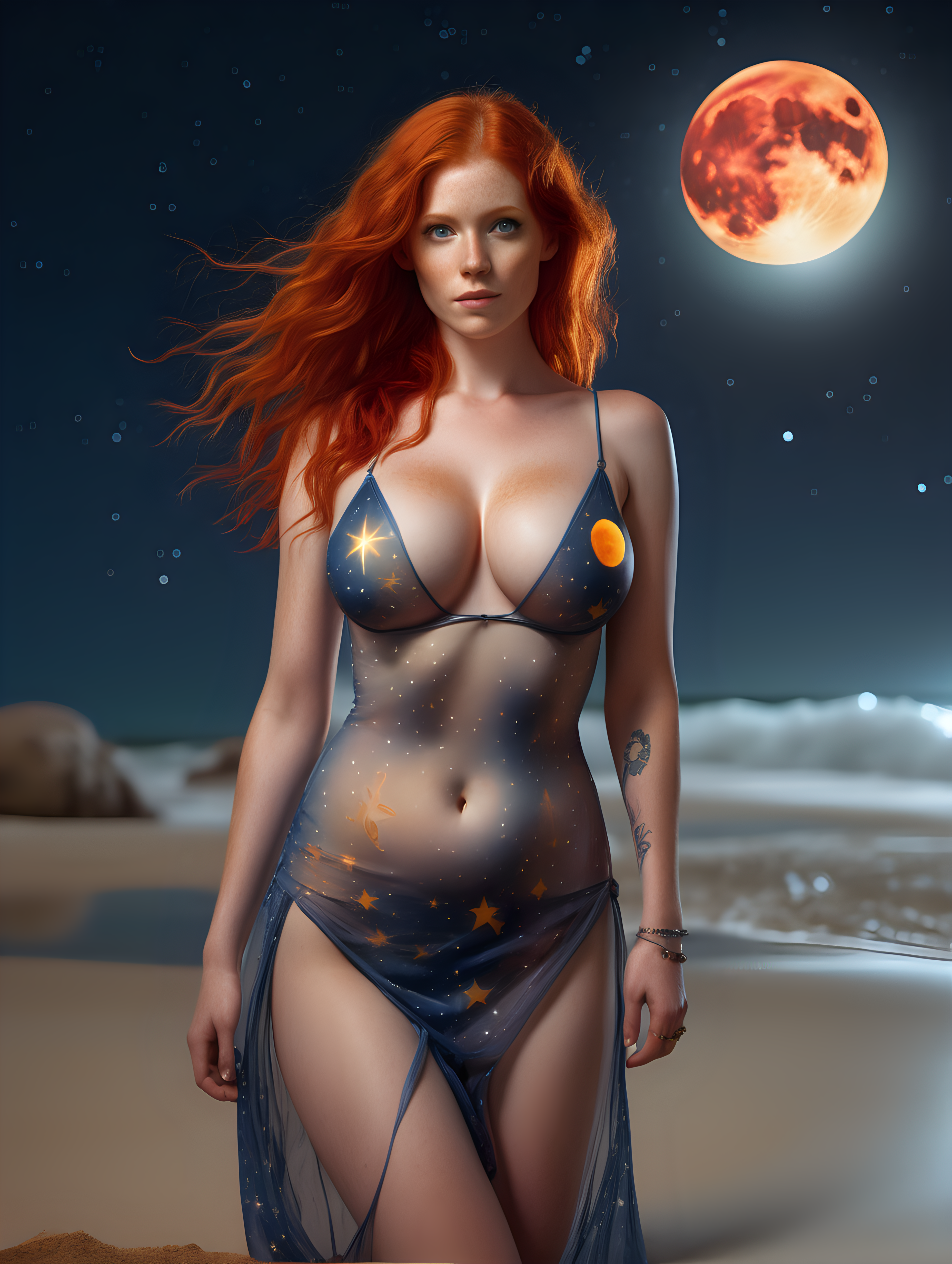 ultra-realistic high resolution and highly detailed photo of a female human with fiery red hair and large firm breasts, she has draconic symbols on her arms and body, wearing nothing except a colourful transparent summer dress, she is on a beach with the stars and the moon in the background, facing the camera