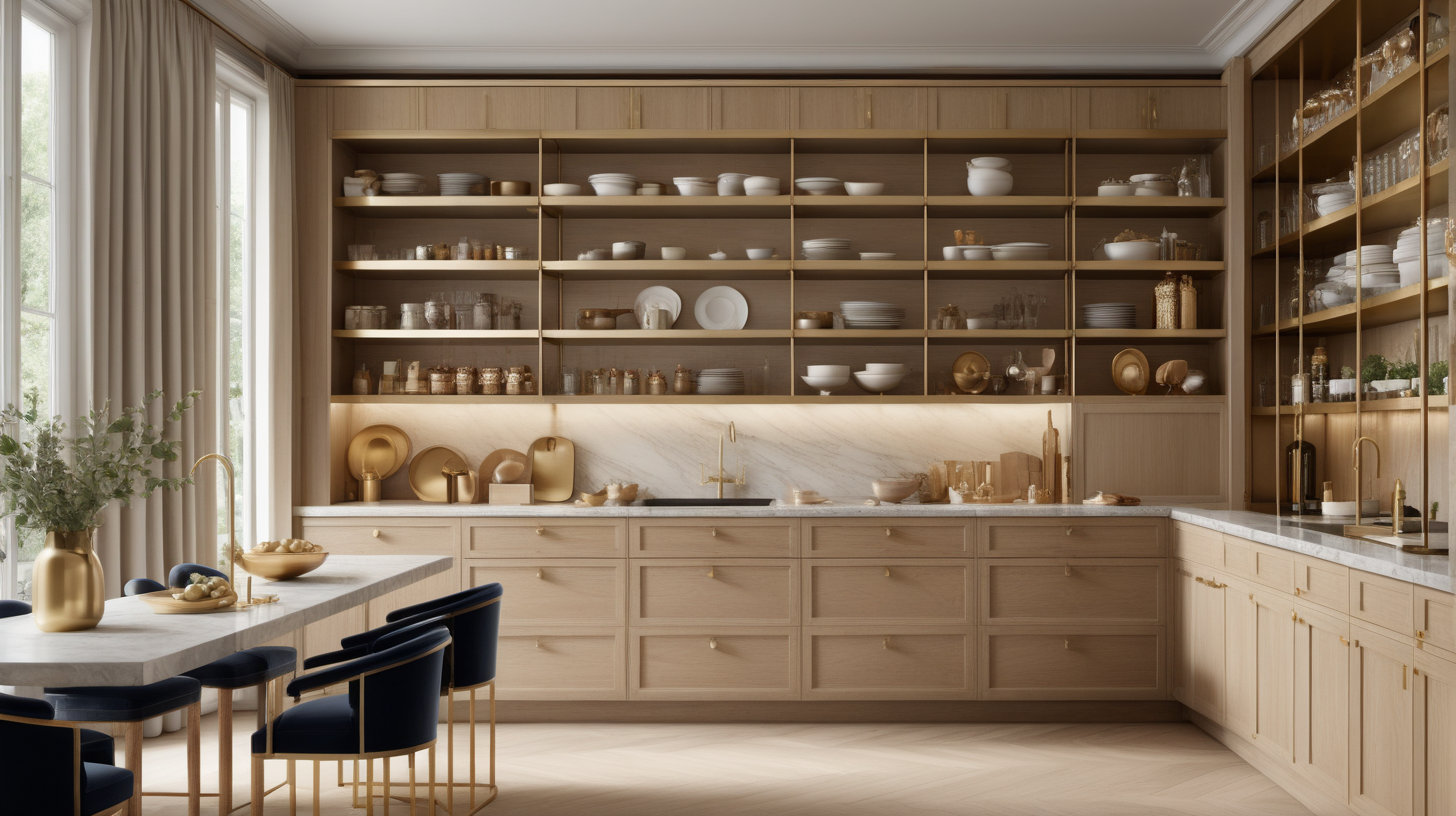 a hyperrealistic image of a Modern Parisian butlers pantry; light oak cabinets; open shelving with brass gallery rails; brass lights; curtains; floor to ceiling windows; beige, light oak, brass color palette; 