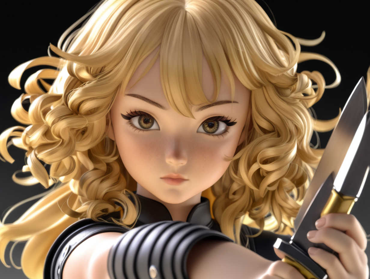 3D, Anime, adult, age 35, Asian female, Describe in vivid detail the appearance of Goldilocks. Portray her with short, long-blonde curly hair, framing her face with dark black eyes. She is a fighter and is holding two daggers that she uses in combat.
