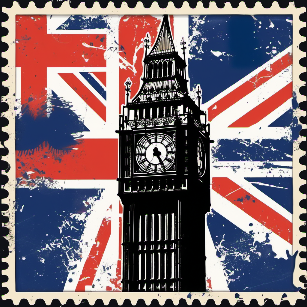 stamp with big ben, london, british flag colours, abstract, colourful, disstressed edges