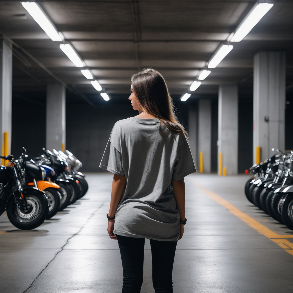 girl with an oversized grey PLAIN t-shirt facing away in a dark parking garage with a couple motorcycles and hes standing 1 feet away