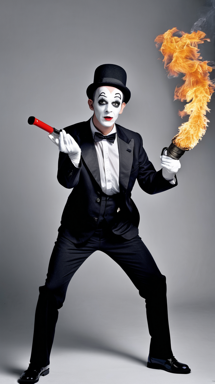 A Mime artist using a flame thrower