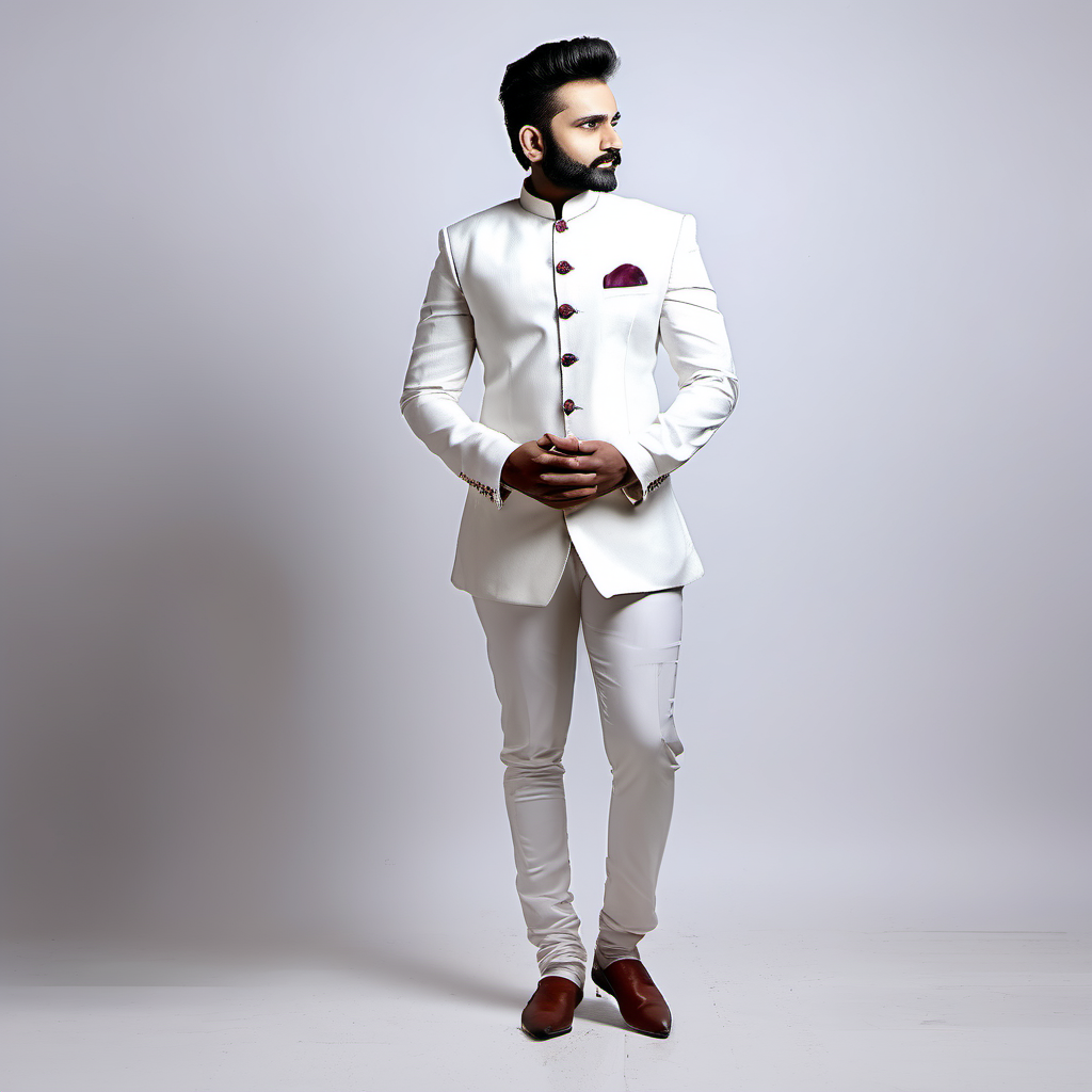 a real man wearing a bandh gala white background full length
