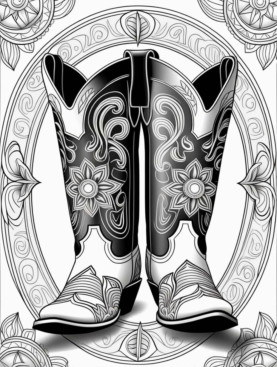 cowboy boots and spurs inspired mandala pattern, black and white, fit to page, children's coloring book, coloring book page, clean line art, line art, no bleed