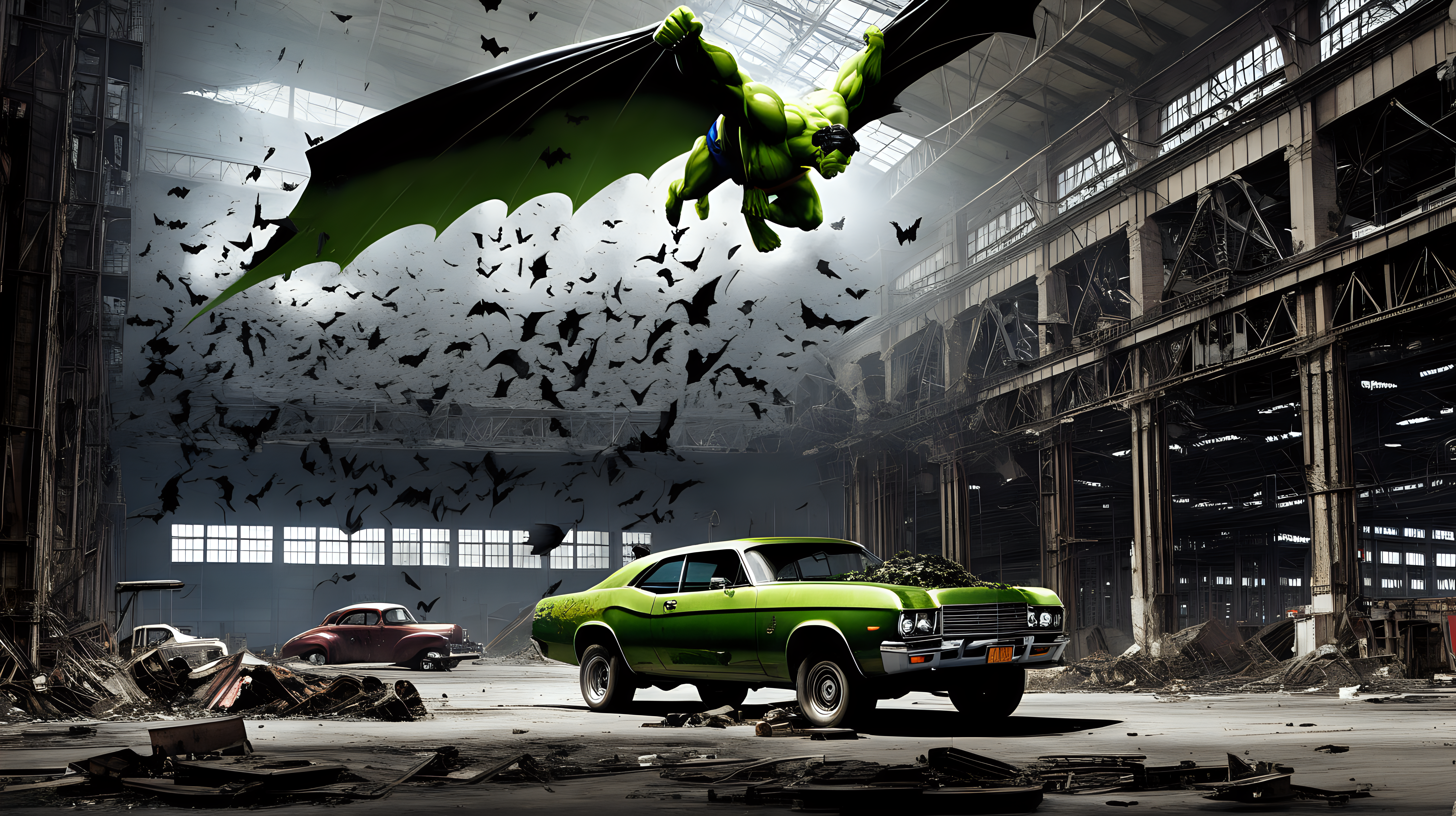 Superman fights the hulk in an abandon car factory with bats flying overhead