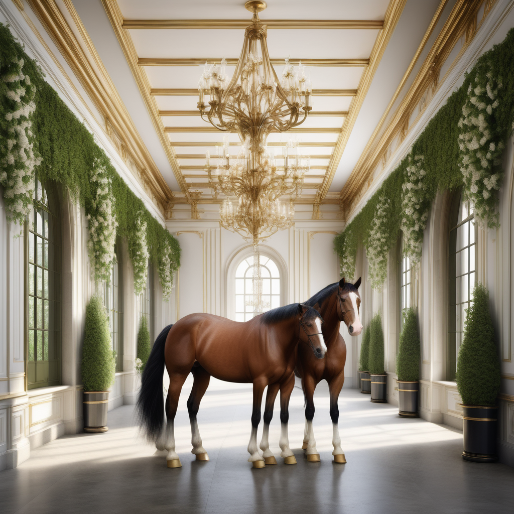 A hyperrealistic image a grand Modern Parisian etsate elegant large open horse stables with clydesdale horses, star jasmine vines, brass chandeliers, 