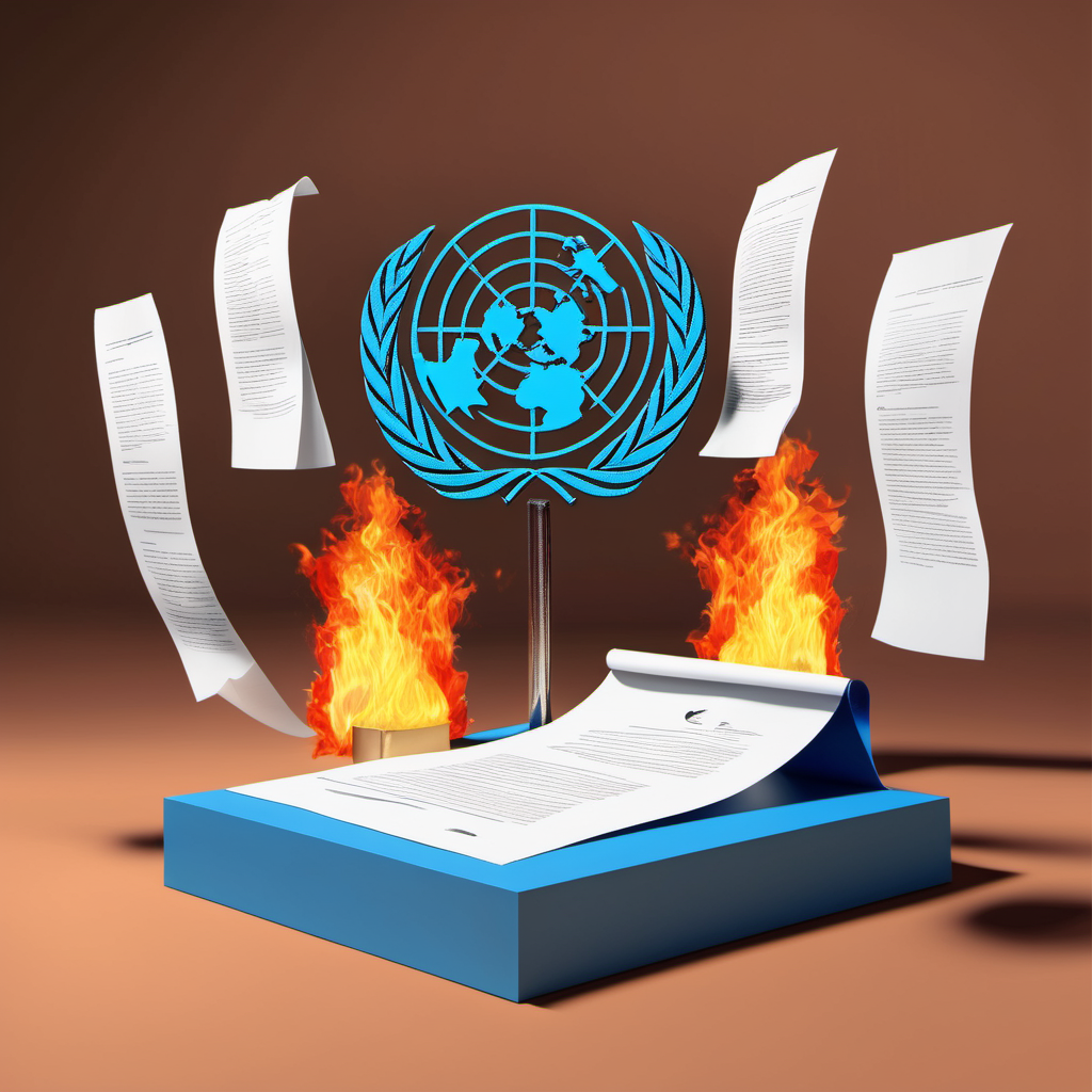 UN Resolutions and Responses: A symbolic representation of a United Nations podium, with papers representing resolutions fluttering down , some of the papers are catching fire, to symbolize their ineffectiveness.