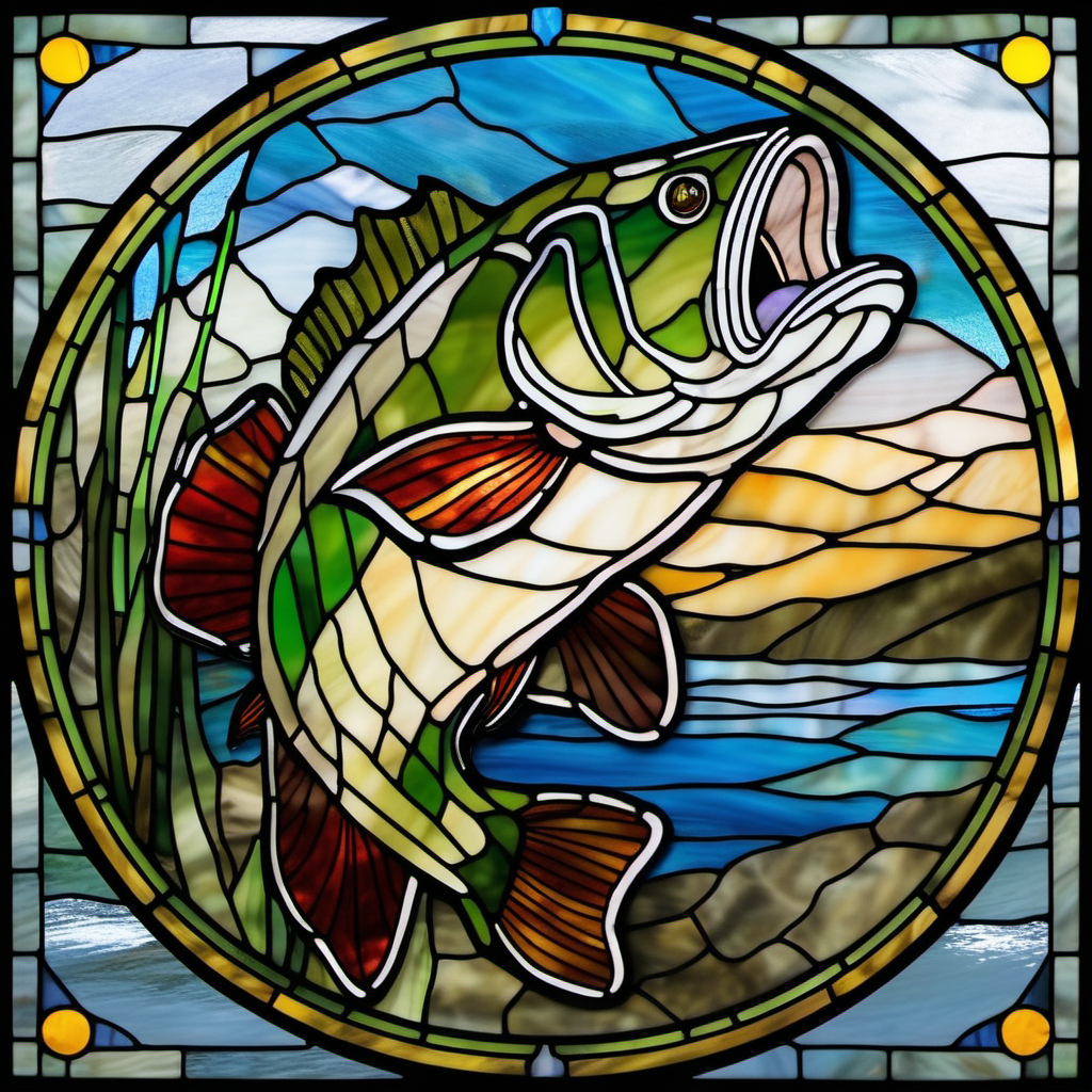 round stained glass largemouth bass coming up out of lake mountains


