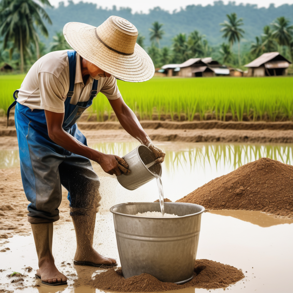 Create a picture of a farmer pouring water on rice into a bucket mixed with dirt