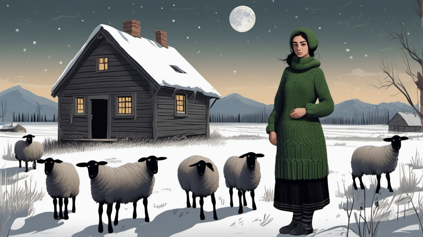 30 years old peasant woman with green eyes and long black hair wearing  a super thick gray knitted wool sweater, a knitted hat, thick black leggings, high knitted woolen socks,black low rubber galoshes. He digs in the fields and clears the snow. Around her there are animals - brown sheeps. Near is the old wooden house Everything is covered in snow. I'ts night. Moon is on sky full with stars.
