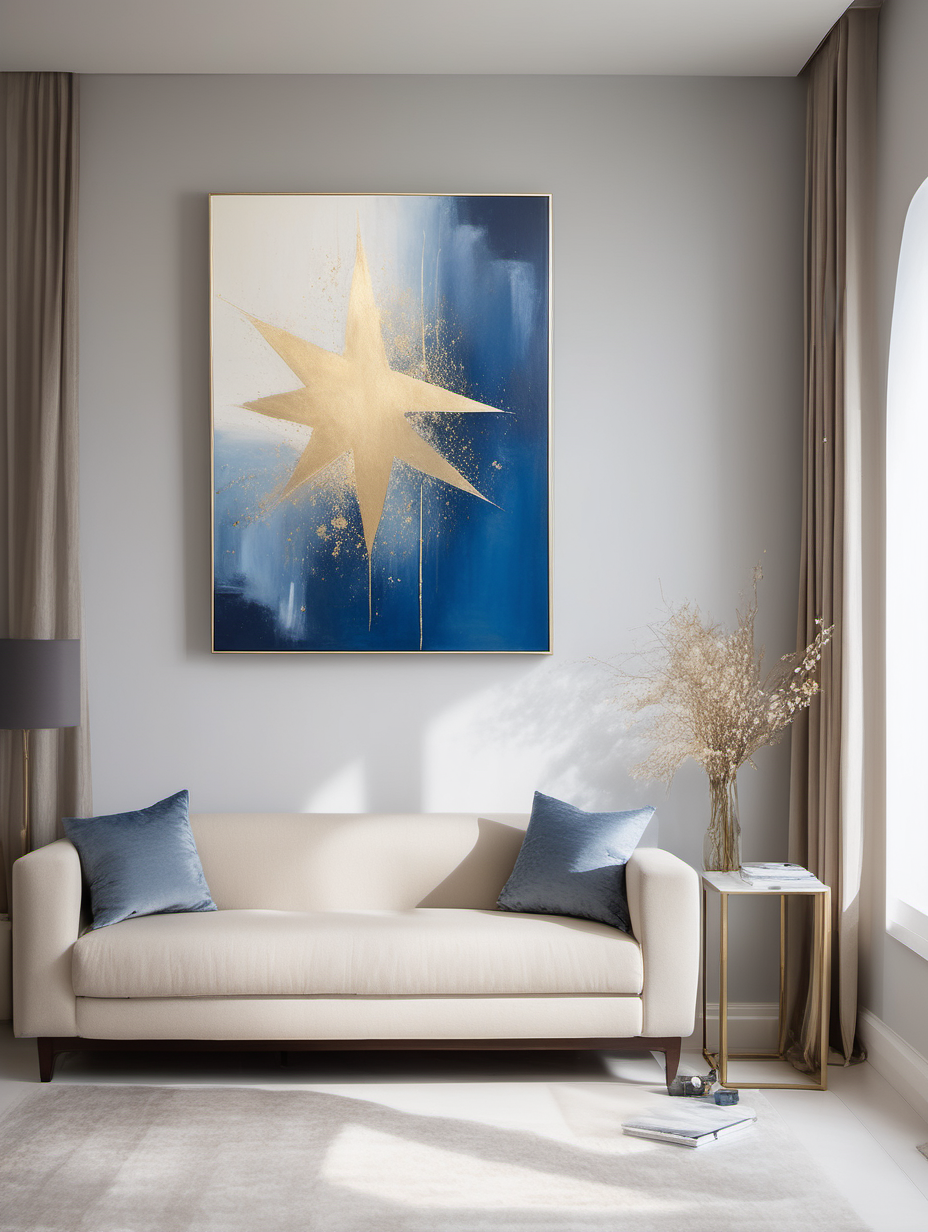 Commercial Photography, A bright and minimalist home interior bathed in natural light, where the painting "Starlight" (50cm in width and 70cm in length) hangs with proportional grace. The artwork's blue, cream, and gold hues resonate with a modern and minimalistic ambiance, creating a radiant space that's both contemporary and inviting. More brighter and luxury