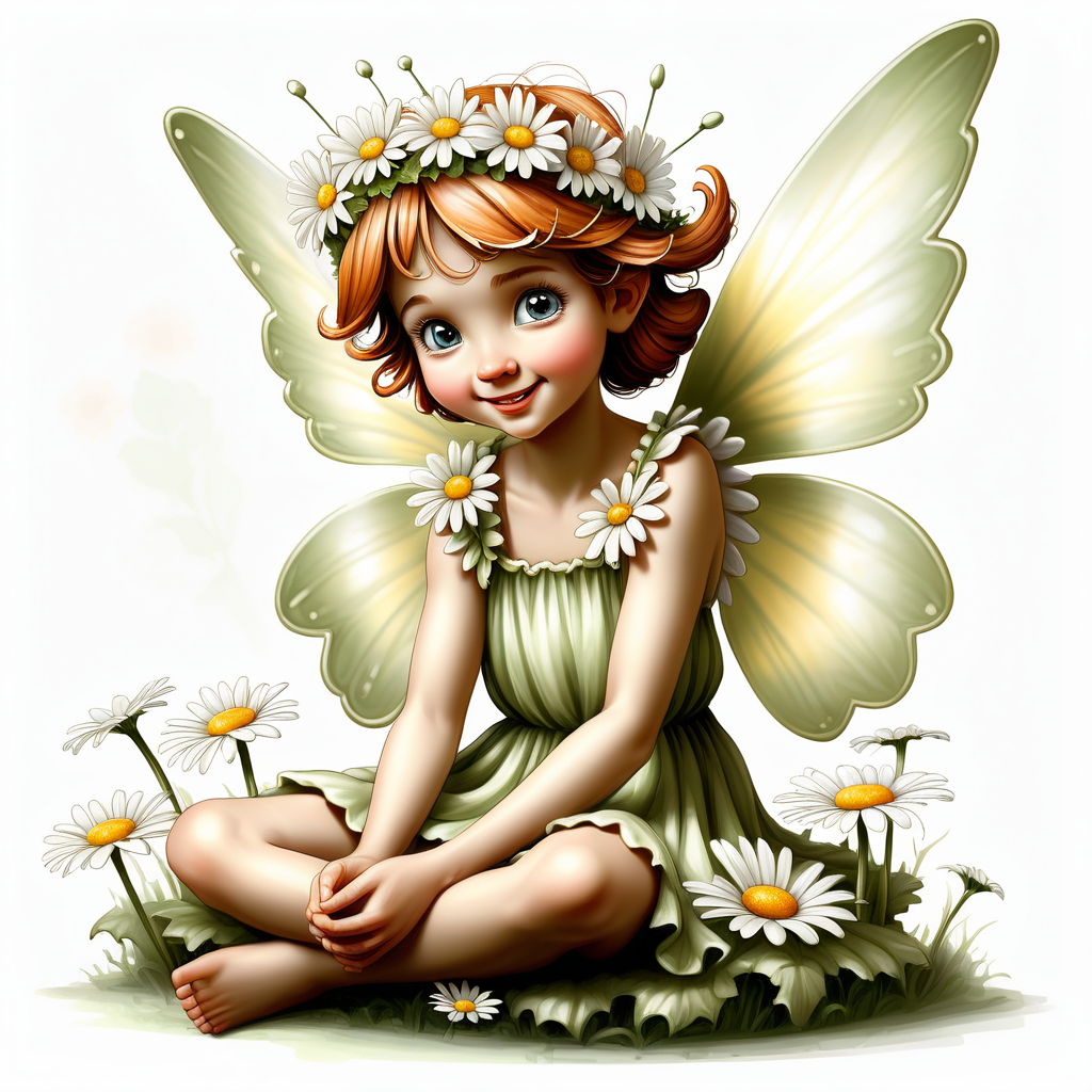  /envision prompt: "Daisy Blossom Fairy" - Picture a fairy sitting on a daisy blossom, surrounded by petals, with a daisy crown and a cheerful expression in the style of Cicely Mary Barker, presented on a simple white background.