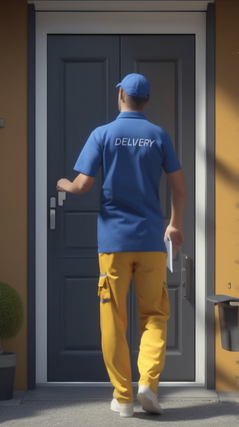 man knocking on the door with a delivery uniform on 4k