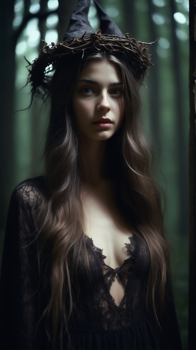 A beautiful slim woman in her twenties with long open hair, wearing witch attire,  thorn crown on head, in a forest, dark forest, she is alone, in the moonlit night, delicate hands, detailed face, detailed skin, detailed hands, photorealistic, gravure, AV, pro photography, slide film, photo book, window light, full body shot, soft body, window light, film grain, 35mm