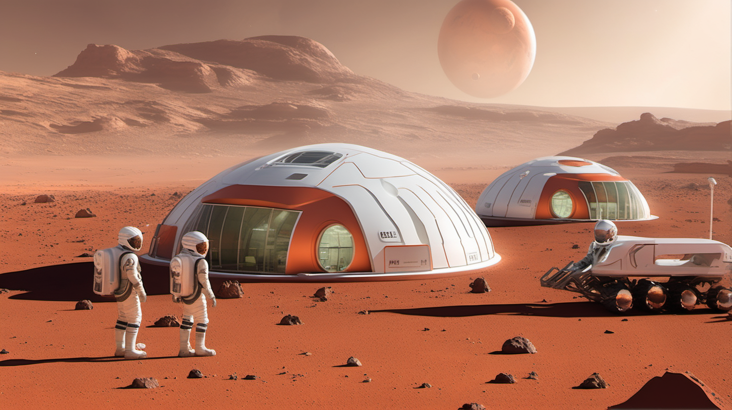 An artist's rendering or a realistic visualization portraying the initial stages of human colonization on Mars. The image should showcase futuristic habitation structures, spacecraft, and humans working on the red Martian terrain. Martian Colonization, Futuristic, Exploration, Human Presence, Red Planet. Visualize a scene where astronauts or colonists are engaged in activities like constructing habitats, conducting scientific experiments, or tending to greenhouses in a Martian setting. Include futuristic modules or habitats resembling domes or space structures suitable for sustaining life on Mars. Incorporate the distinctive red-orange hues associated with Mars' surface while blending in modern metallic tones or white/silver elements representative of futuristic technology. Aim for a realistic yet visionary depiction, utilizing artistic freedom to represent human activity and habitation on the Martian landscape. The scene should evoke a sense of adventure, discovery, and the pioneering spirit of space exploration. 