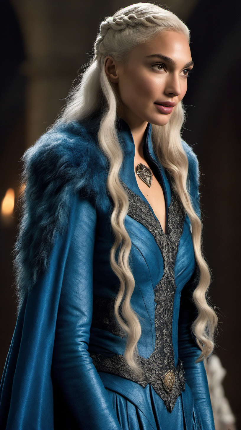 Gal Gadot, with long platinum blonde hair, wearing a blue, long-sleeved evening gown and fur cloak in Game of Thrones.