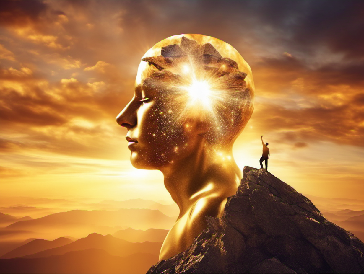 Create me a powerful image of a human mind having a transcendental breakthrough experience or epiphany climbing a mountain on a golden sunset 

Use props like: mind, energy, natural elements, quantum field hypnosis, energetics, consciousness 