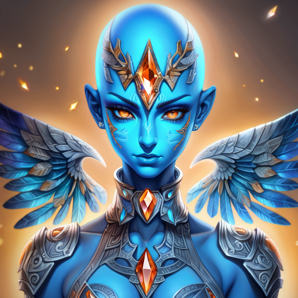 Glowing blue skin with tattoos, bald smooth head, blue glowing colorful eyes, small nose small mouth, glowing suit of armor, wings of crystals, crystal in forhead, light of angles, female, beautiful women, orange eyes,