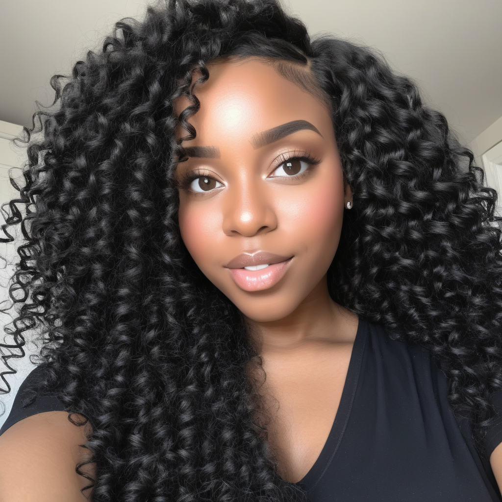 selfie of a black woman wearing black curly hair extensions