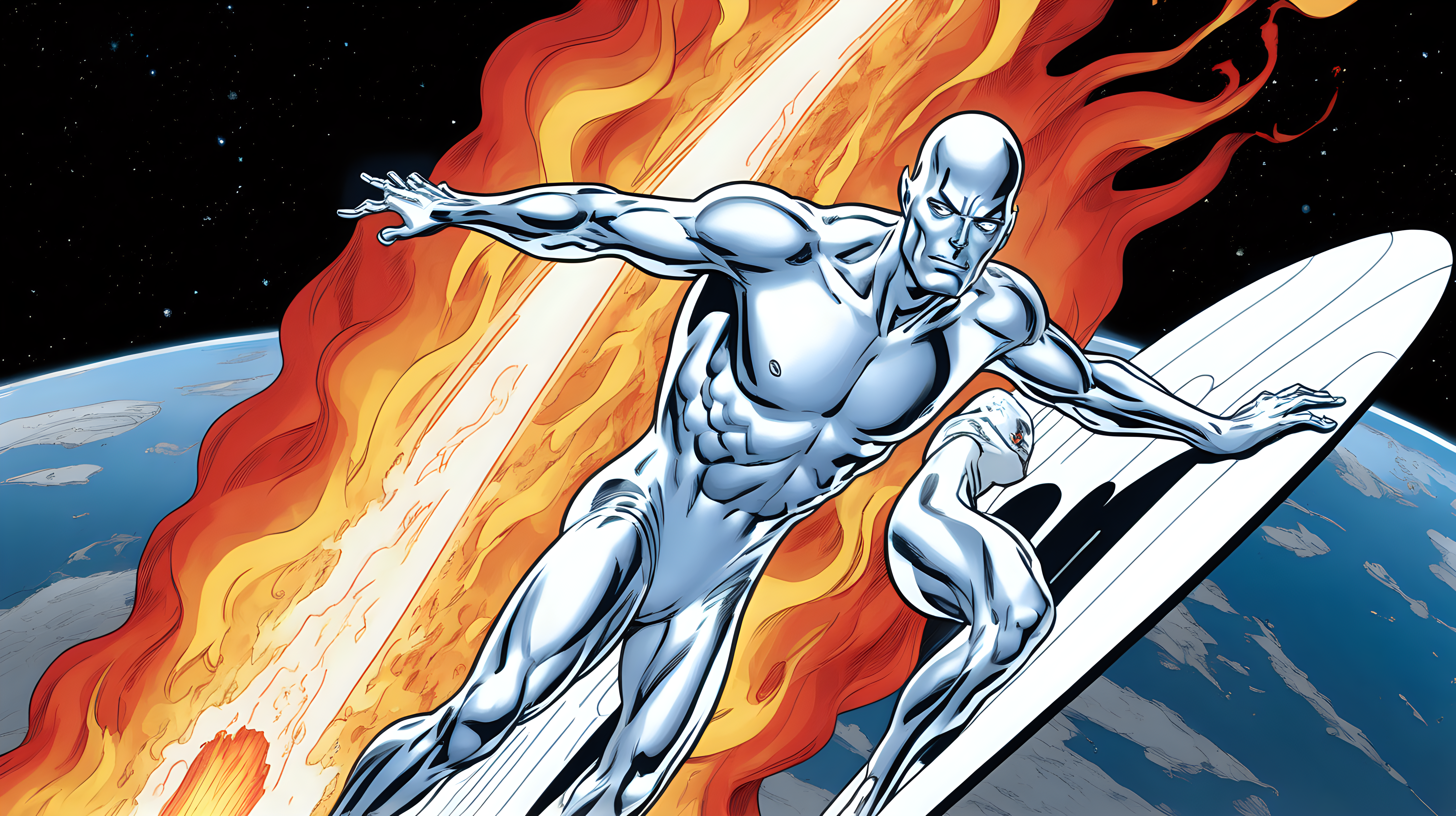 The Silver Surfer reigning fire down on  earth from space