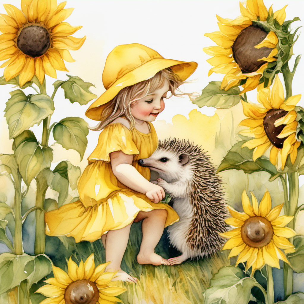 a watercolor sunflower flower fairy in the style of Cicely Mary Barker playing with a cute baby hedgehog in a field full of bright yellow sunflowers   