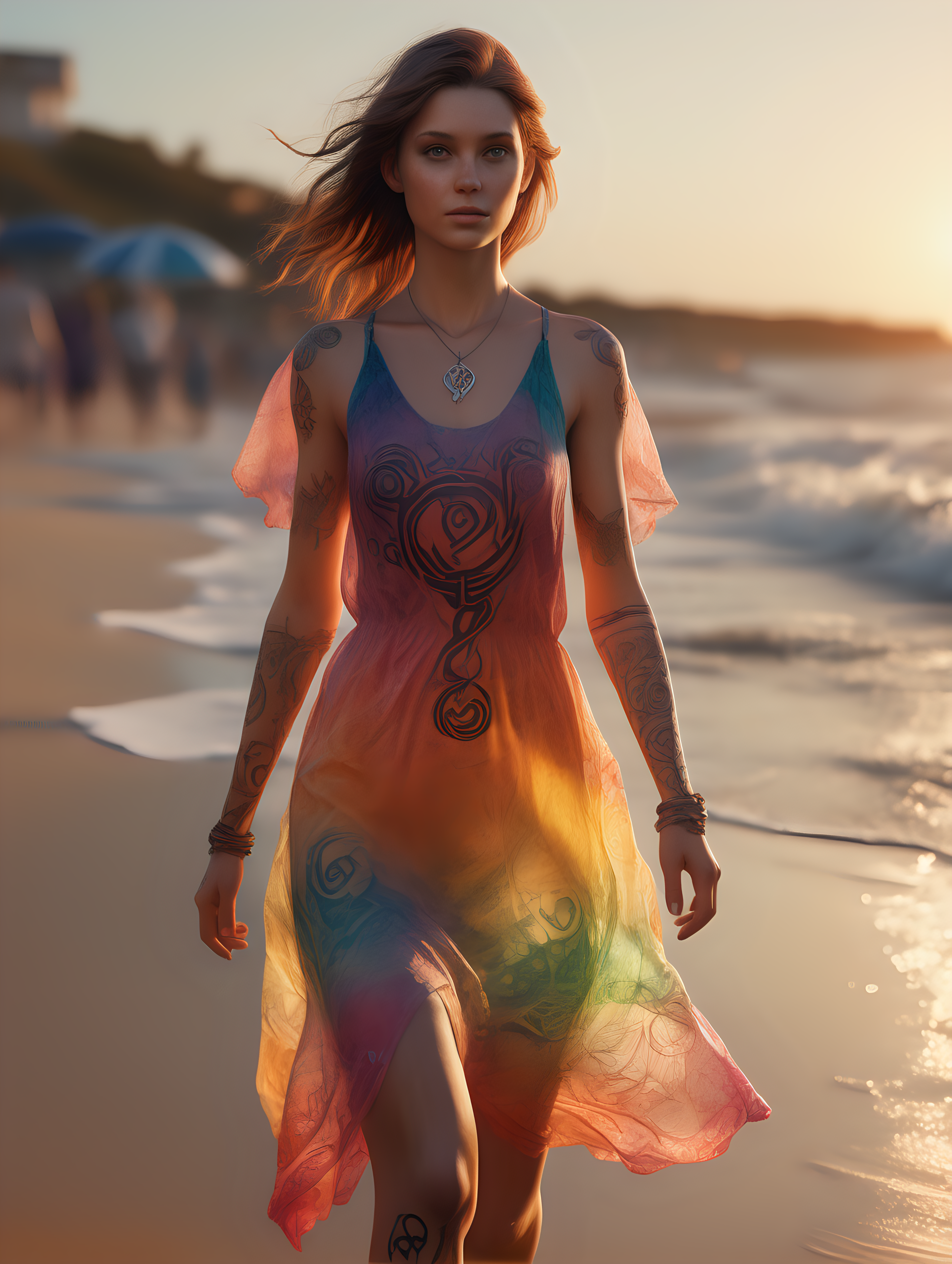 ultra-realistic high resolution and highly detailed photo of a female human, she has draconic symbols carved into her arms and body, wearing a colourful transparent summer dress, walking in the sunset on a beach facing the camera