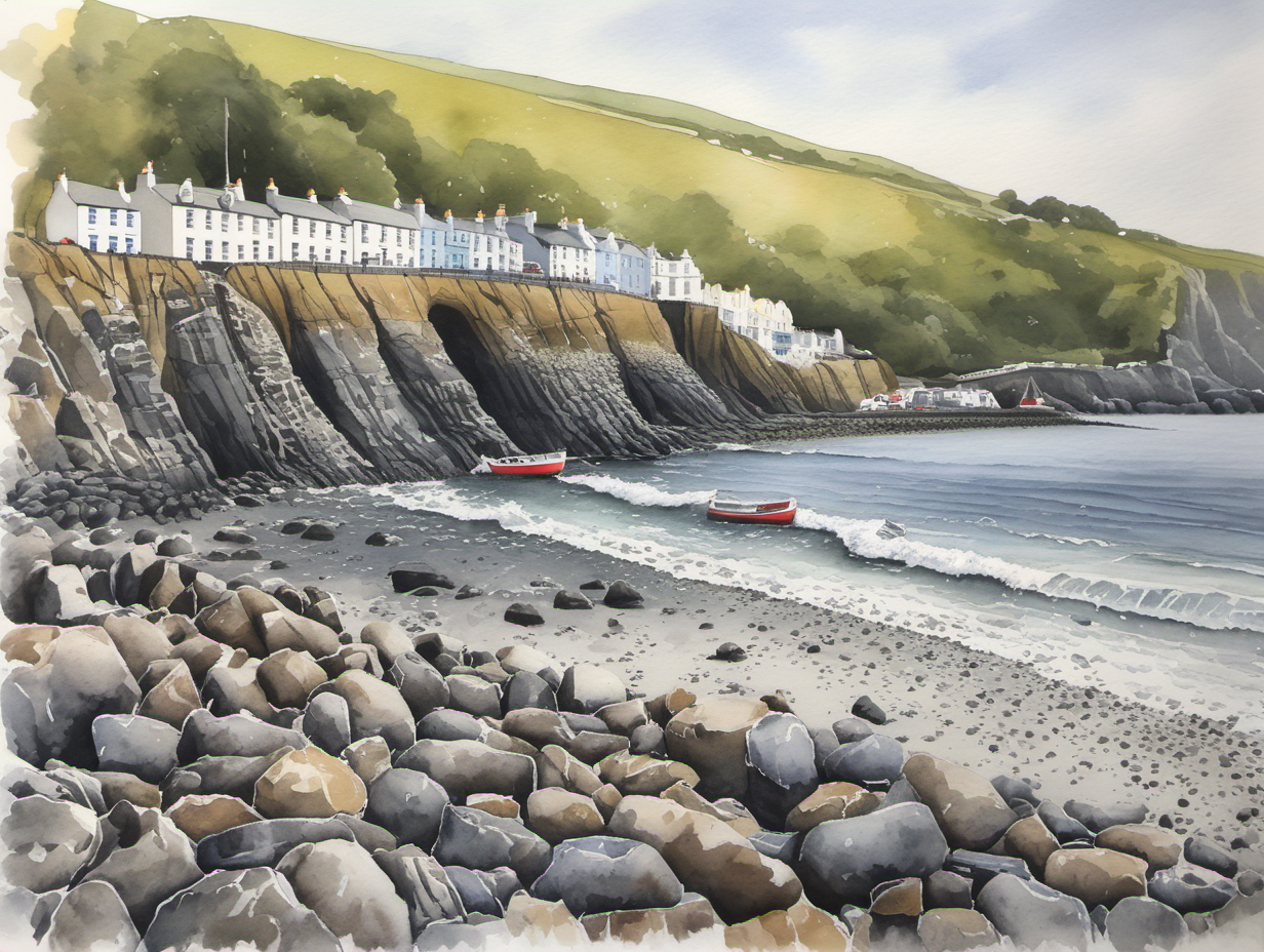 A water Colour painting of Laxey stone beach on the Isle of Man
