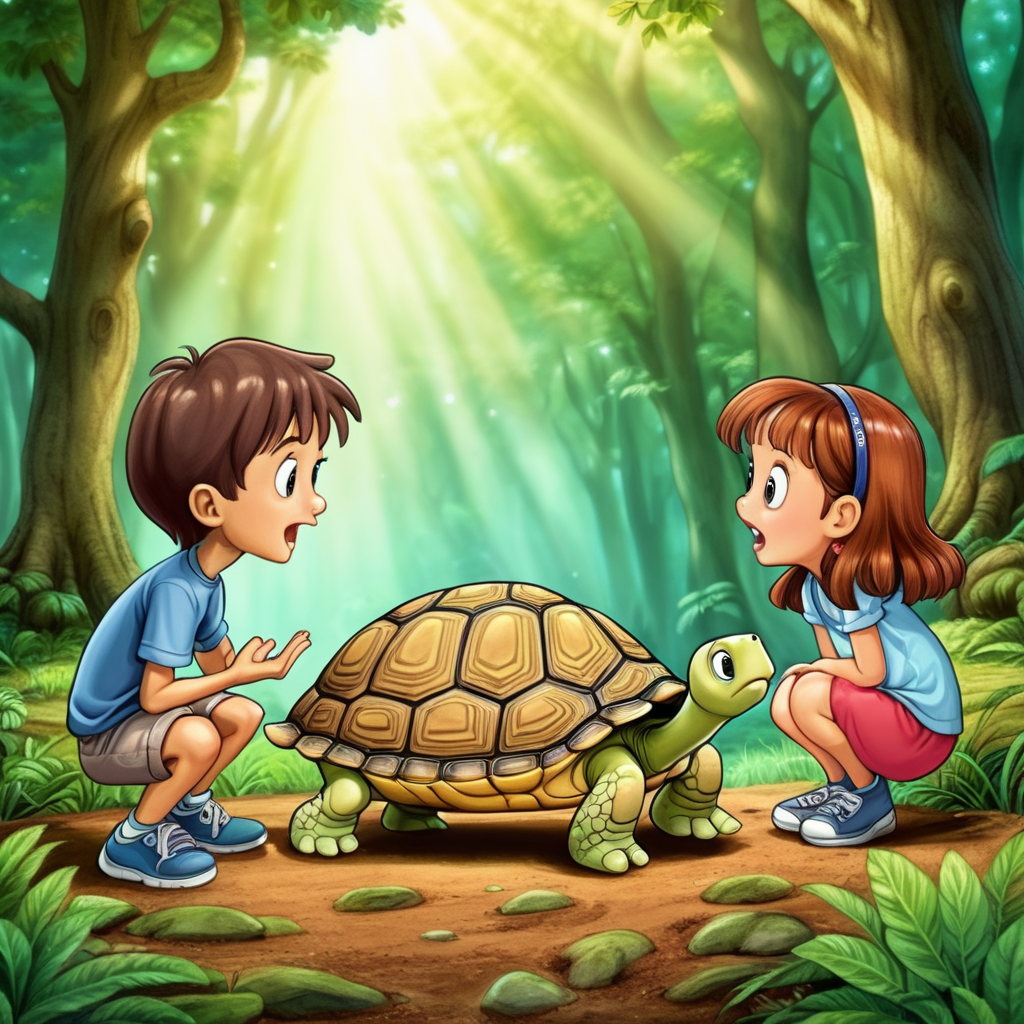 cartoon boy and girl talking to a turtle in the forest