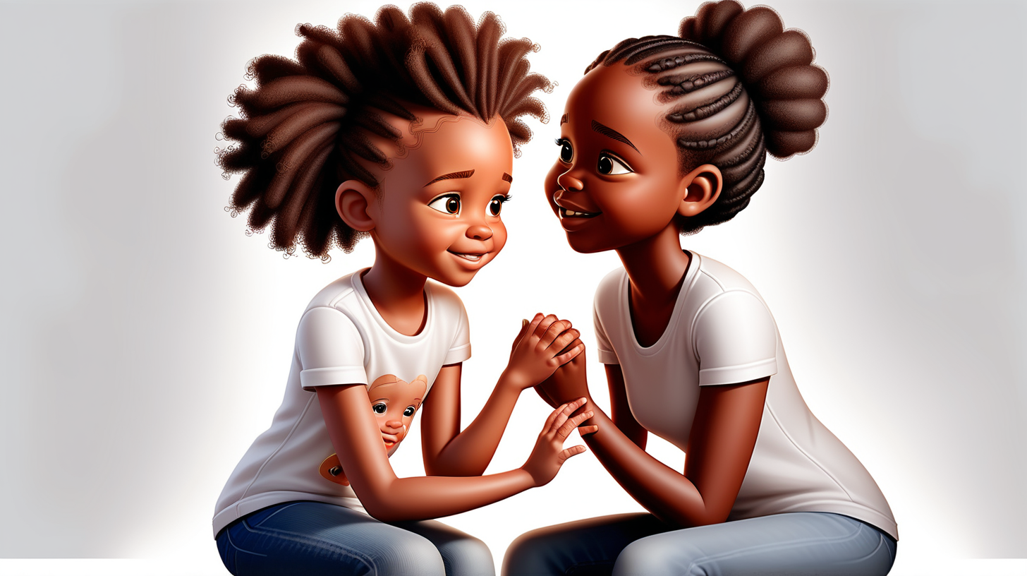 children's-book illustration: White background behind 5-year-old, african-american girl, mahkai, holding one of her mom’s hands, looking at her mom, while talking to her. They are both wearing jeans and white t-shirts. vector art. 3d. natural, realistic looking. 