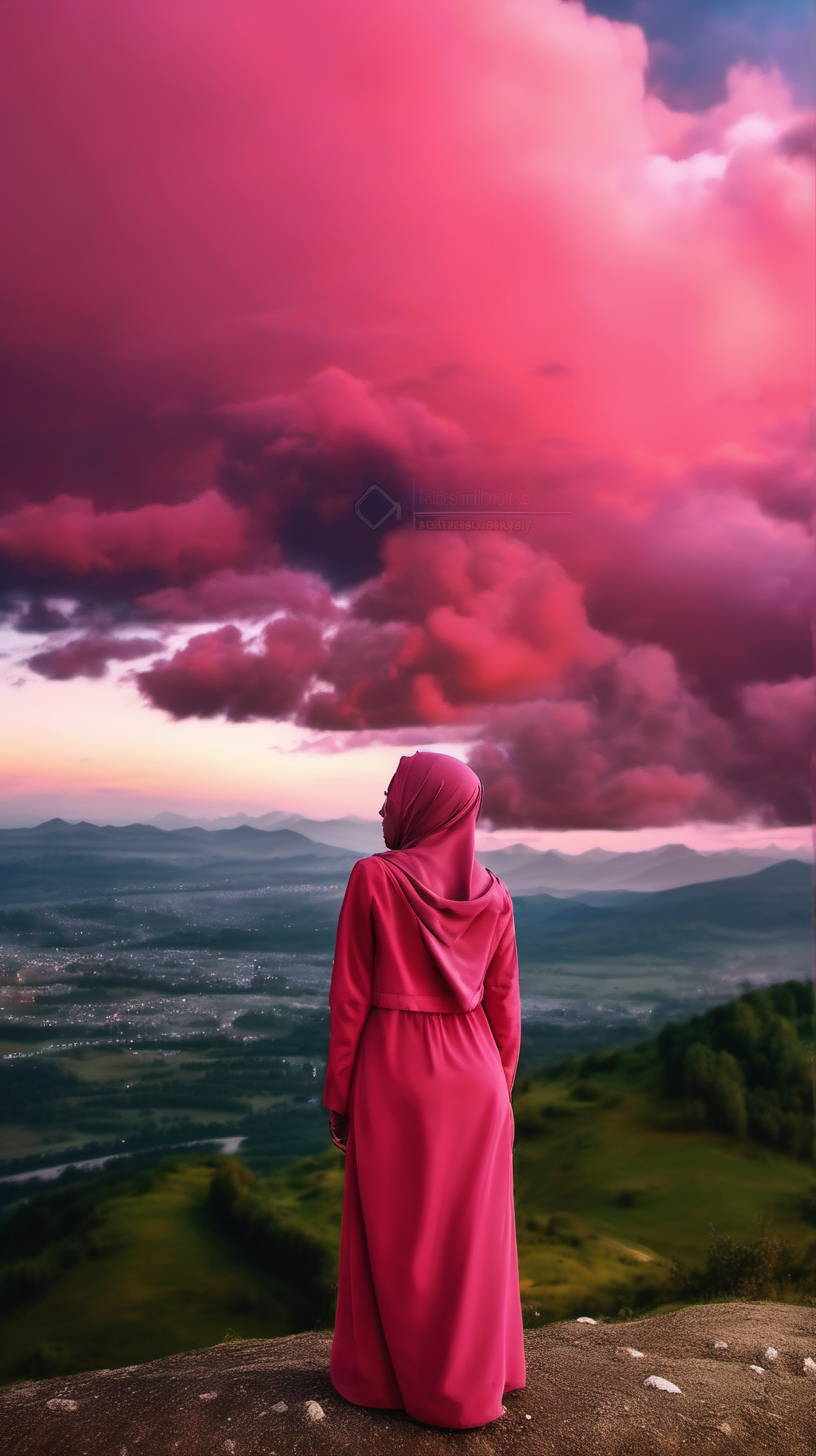 Muslim woman. Standing on a mountain hill, wearing a red jacket, wearing a hijab, looking at the beauty of pink clouds, at sunset. Very beautiful