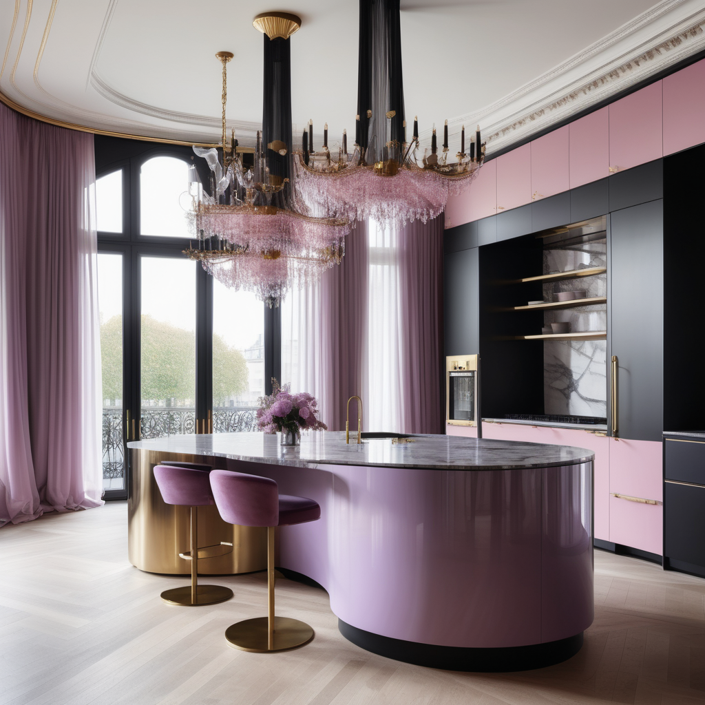 hyperrealistic image of large modern Parisian kitchen with