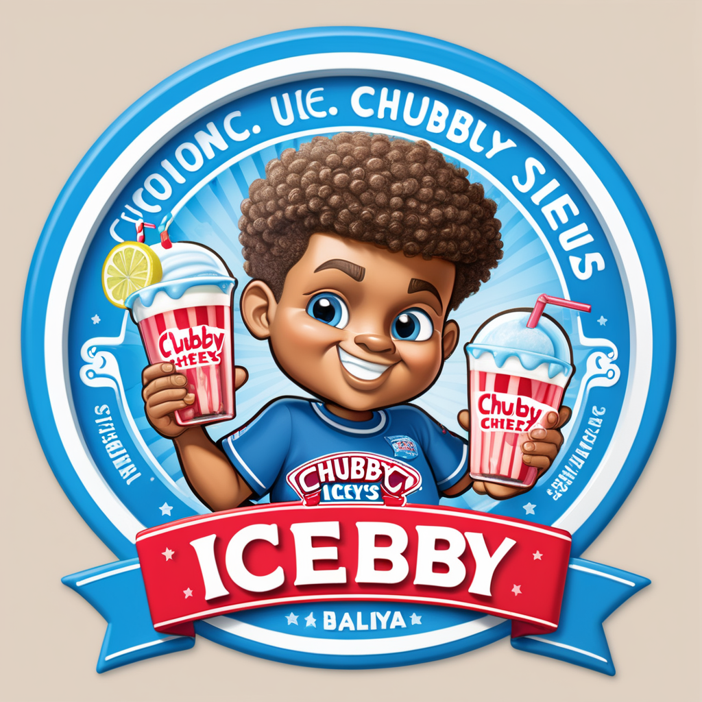 Creat an image of a stylized 3 dimensional emblem with resemblance to a badge or seal. The emblem features the company name “Chubby Cheeks Iceys” in bold raised lettering. The central image is a cute African American boy with adoring eyes, a curly high top fade holding one red and blue italian ice in a clear cup and one lemonade 