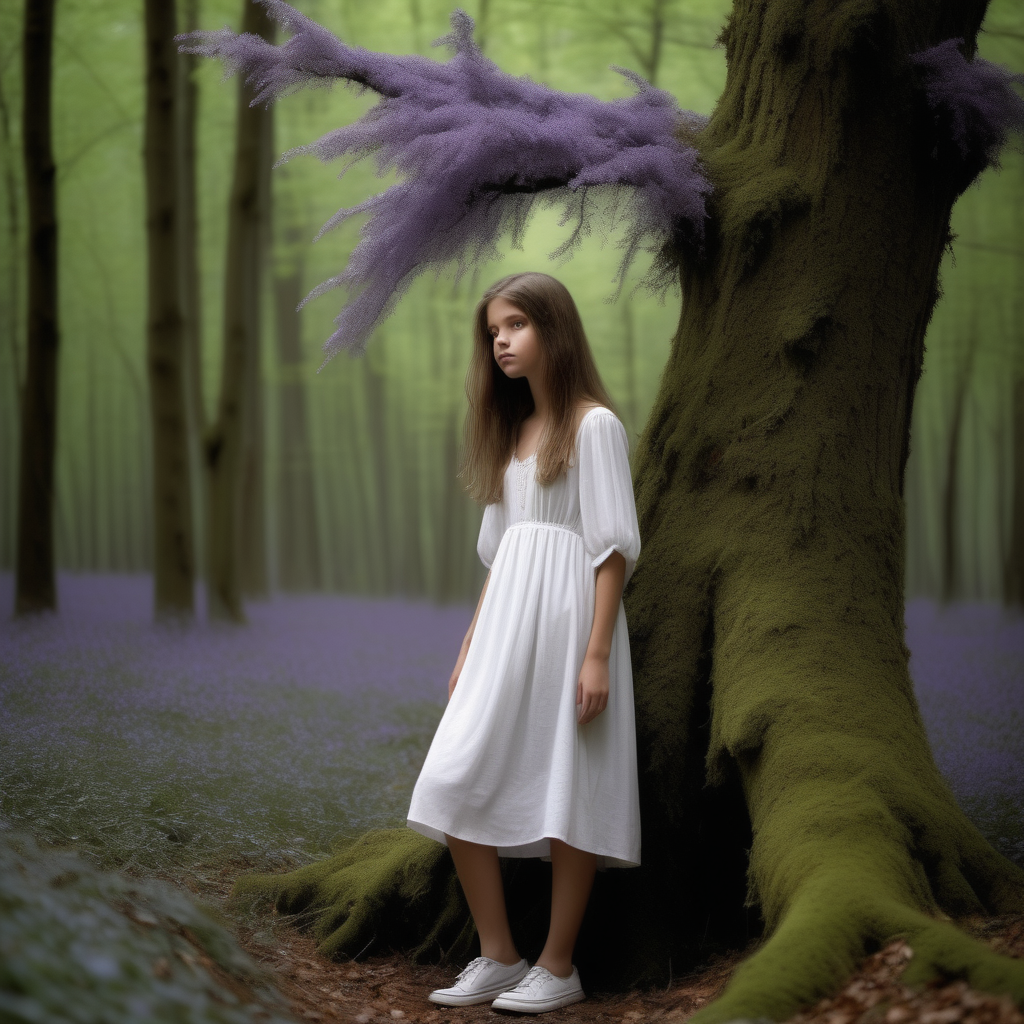 A teenage girl fell into a hole in a forest. She had shoulder-length brown hair; She is wearing a white flowy midi dress. His knee is bleeding. Her mother bent over her. Her mother looks like a fairy. Her mother wears a purple dress with a puffy shirt and white shoes. The forest is dark. The tree branches are tangled together. Moss growing on tr. ees