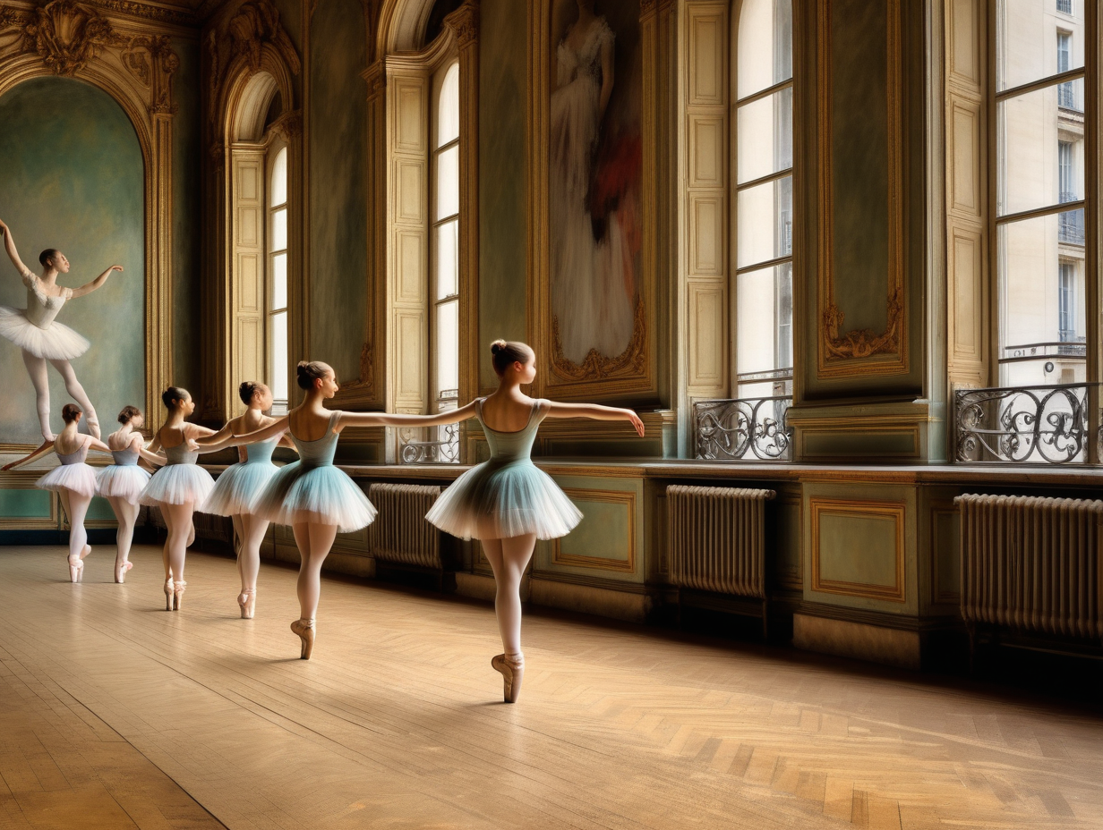 effet peinture ancienne, Degas, danseuses sur pointe à la barre, fenêtres opéra de Paris en arrière plan, parquet ancien