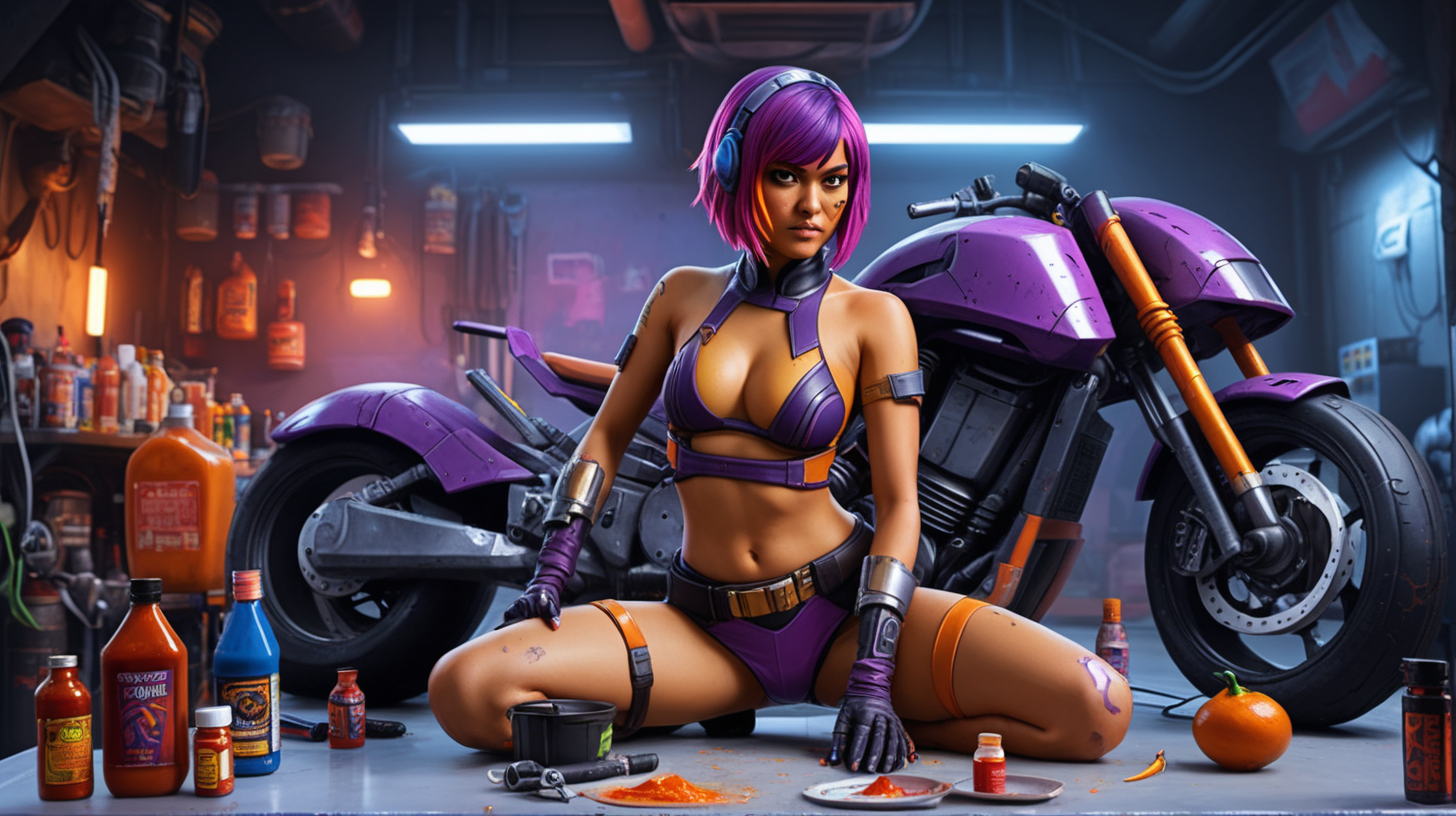 bikini sabine wren working on a motorcycle with hot sauce on a table in cyberpunk garage