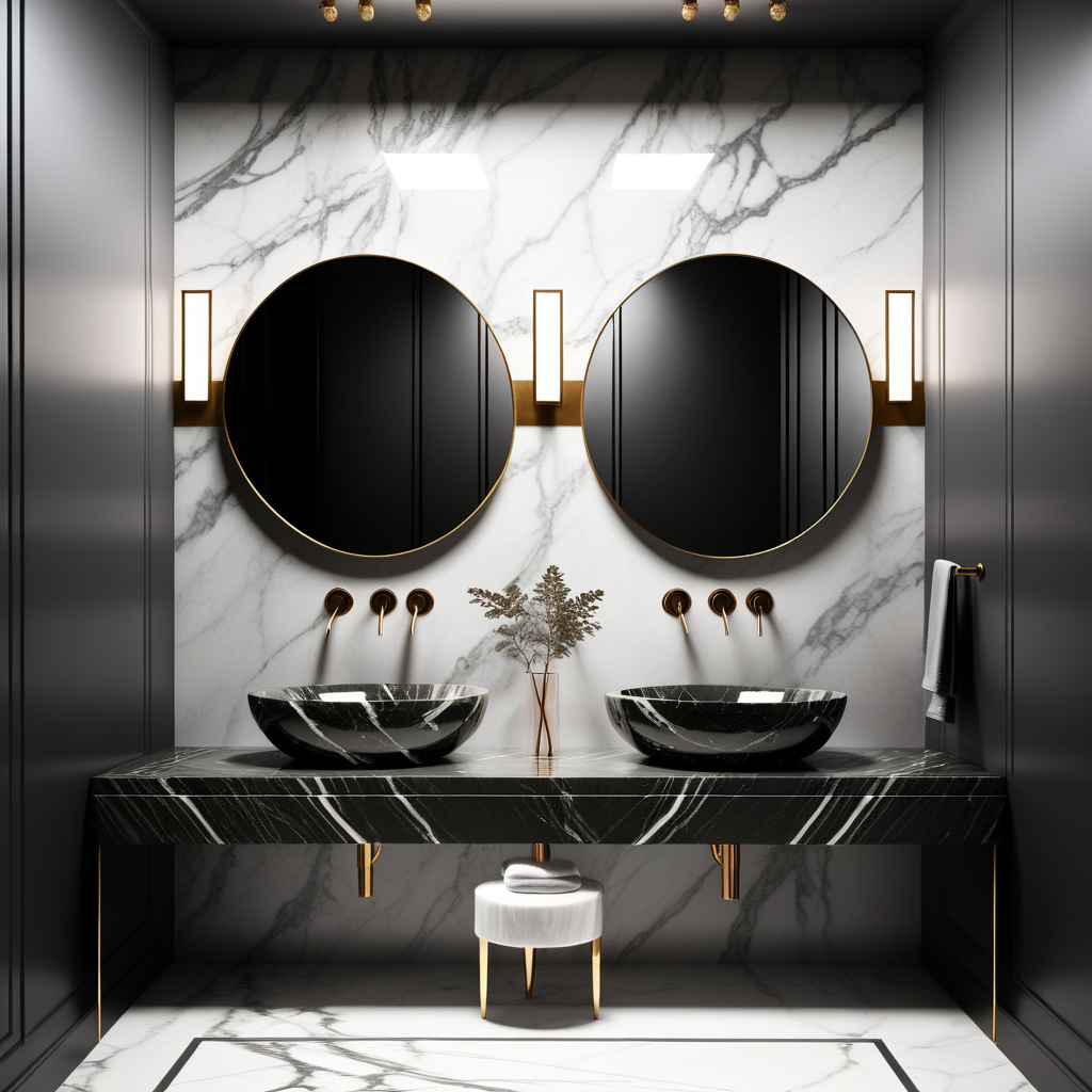 luxury marble bathroom with double sink moody
