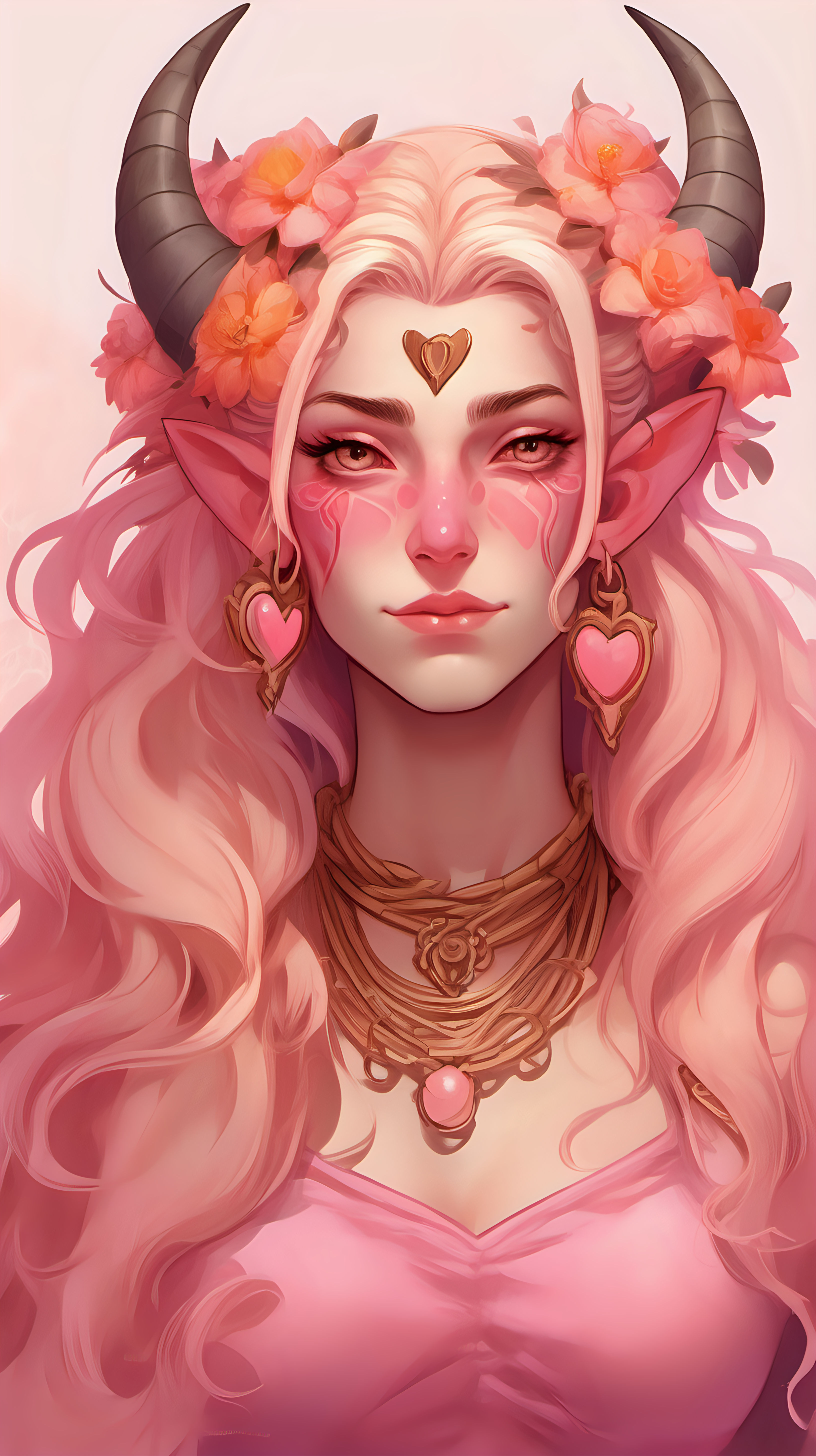 Tiefling woman with pink skin. She has white horns that meet at the top of her head to form a heart. She has light pink eyes. She has light blonde eyelashes. Her eyelashes are not black. She has blonde long hair with a orange tint. She is wearing a pink Greek-style dress with lots of flowers. She is wearing gold jewelry. She is holding a bouquet of pink flowers. She has an annoyed expression. 
