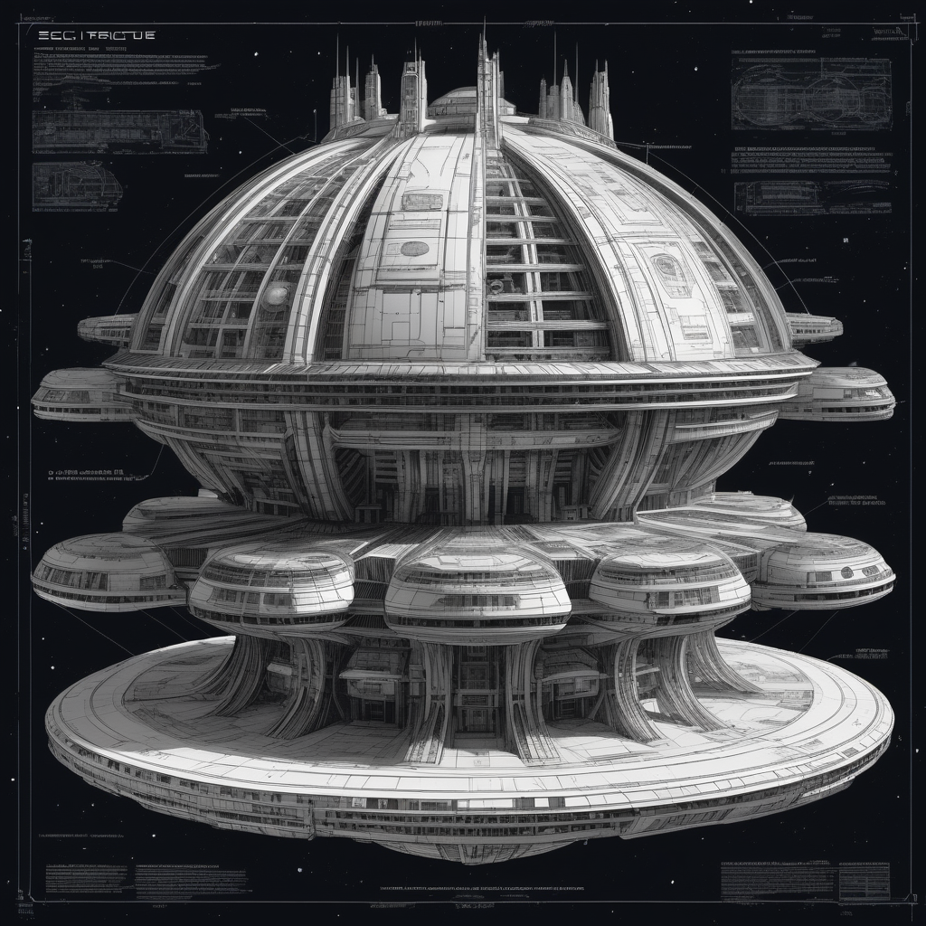 highly detailed black and white blueprints of sci-fi mega structure in space
